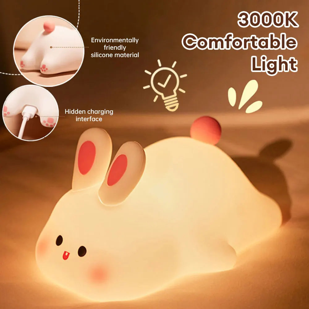 Cute Rabbit Silicone Night Lamp Touch Sensor Big Face Rabbit Pat Night Light Timing USB Rechargeable Light for Kids Gift